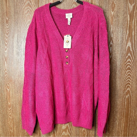 St. John's Bay Sweaters - St Johns Bay NWT Women Sweater 3X Fuchsia Knit Long Sleeve VNeck Pullover Button